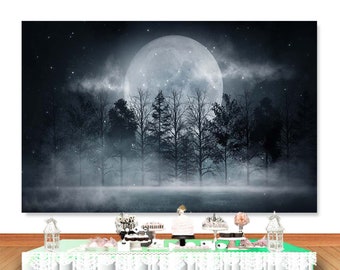 Halloween Night Full Moon Photo Backdrop Gloomy Forest Gray Smoke White Glitters Photography Background Horror Vinyl Photo Studio Props