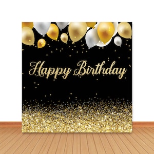 Gold Glitter Happy Birthday Backdrop:  Balloons Photography Prop