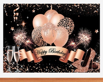 Rose Gold Happy Birthday Photo Backdrop Balloons High Heels Champagne Photography Background Custom 30th 40th 50th Birthday Banner