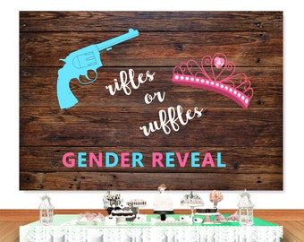 Brown Wood Wall Gender Reveal Photo Backdrop Baby Shower Rifles or Ruffles Photography Background Blue or Pink Vinyl Photo Studio Props