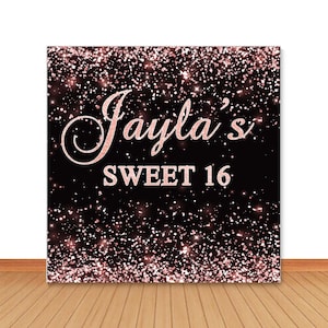 Fondo fotográfico para dulce 16 cumpleaños, fondo fotográfico con puntos brillantes de oro rosa y vinilo negro personalizado para estudio fotográfico
