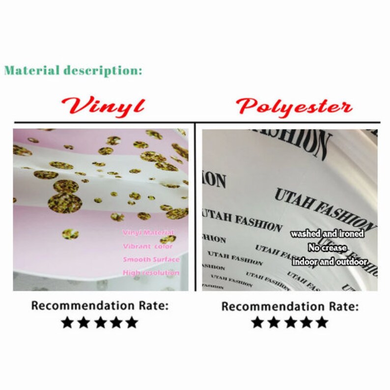 May include: Two backdrop material options are shown: vinyl and polyester. The vinyl option is described as having vibrant color, a smooth surface, and high resolution. The polyester option is described as being washed and ironed, crease-free, and suitable for both indoor and outdoor use. Both options have a five-star recommendation rating.