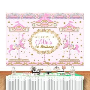 Carousel Photo Backdrop Kids 1st Birthday Pink Photography Background Vinyl Photo Studio Prop