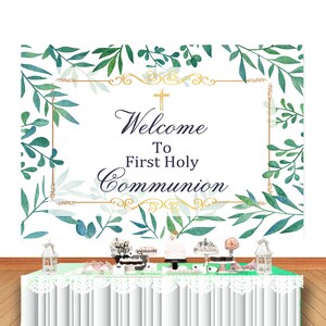 First Holy Communion Photo Backdrop Kids Birthday Baby Shower God Bless Baptism Leaves Photography Background White Vinyl Photo Studio Prop