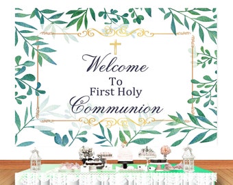 First Holy Communion Photo Backdrop Kids Birthday Baby Shower God Bless Baptism Leaves Photography Background White Vinyl Photo Studio Prop