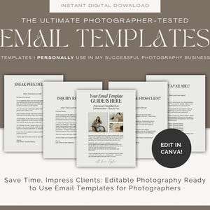 Puede incluir: Una imagen de descarga digital con el texto "EMAIL TEMPLATES". La imagen incluye varias páginas de maquetas de plantillas de correo electrónico para fotógrafos, con el texto "EDIT IN CANVA!" en un círculo negro.