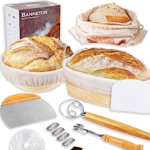 Handmade Banneton Sourdough kit -Bread Proofing Basket -Set of 2 Sourdough Proofing Baskets - 10" Oval & 9" Round Bowl -Sourdough Tools Kit