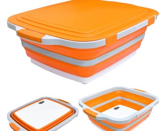 Collapsible BBQ Prep Tub with Lid, Multifunctional 3-in-1 Camping Cutting Board, 8L Storage Basket, Kitchen Food Utensils Container Bundle