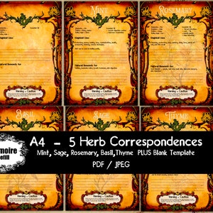 Herbal Printables Grimoire Pages, Book of Shadows, Herbs & Plants, Correspondences, Grimoire Sheets, Witchcraft, Wicca, Printable BoS