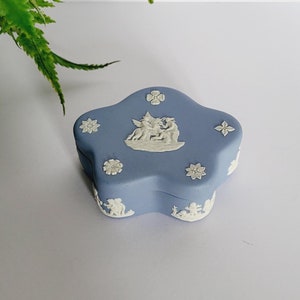 May include: A pale blue, star-shaped trinket box with white relief detailing. The box features classical figures and floral patterns. The lid and sides are adorned with intricate designs. A fern is in the background.