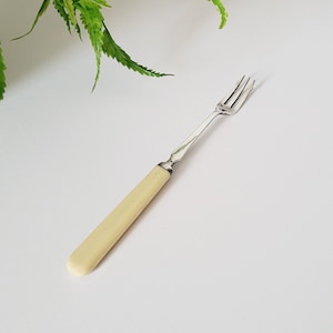May include: A vintage fork with a cream-coloured handle and a silver-toned metal head. The fork is angled across a white surface, with green fern leaves in the background.
