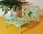 Pair of Vintage Arsenic Green Enamel Trivet Plant Stands Tealight Candle Fondue