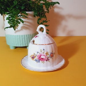 Könnte beinhalten: Eine weiße Porzellan-Zuckerdose mit Deckel und Untertasse, verziert mit einem Blumendesign mit rosa Rosen und blauen Akzenten. Die Dose hat einen goldenen Rand und einen kleinen Griff. Eine Farnpflanze in einem weiß-mintgrünen Topf befindet sich im Hintergrund.