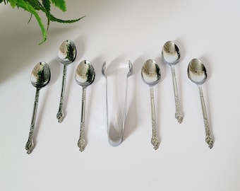 Juego vintage cromado de 6 cucharillas de café Apostle con pinzas para azúcar - Longitud de la cuchara: 12 cm