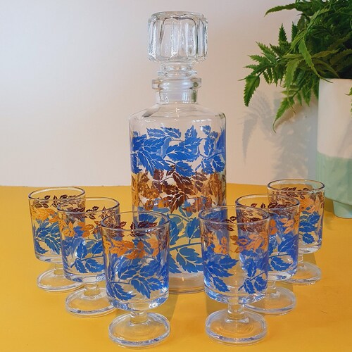 Vintage Decanter Shot Glasses Blue White Ceramic Etsy