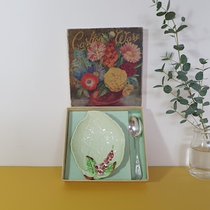 Puede incluir: Un juego de fuentes Carlton Ware vintage. El juego incluye una fuente verde pálido en forma de hoja con un diseño floral y una cuchara plateada. La caja presenta una ilustración floral. El juego se exhibe sobre una superficie amarilla.