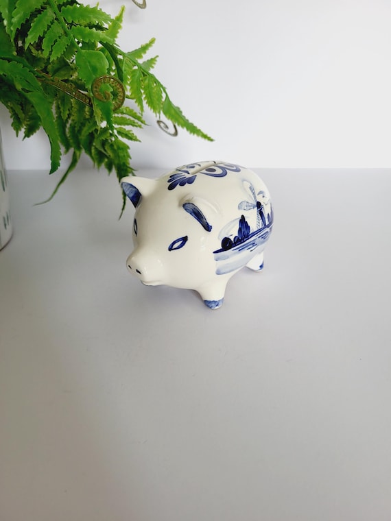 小さな陶器のキッチュな青と白の貯金箱 - オランダ製 - 長さ - 11.5 cm 