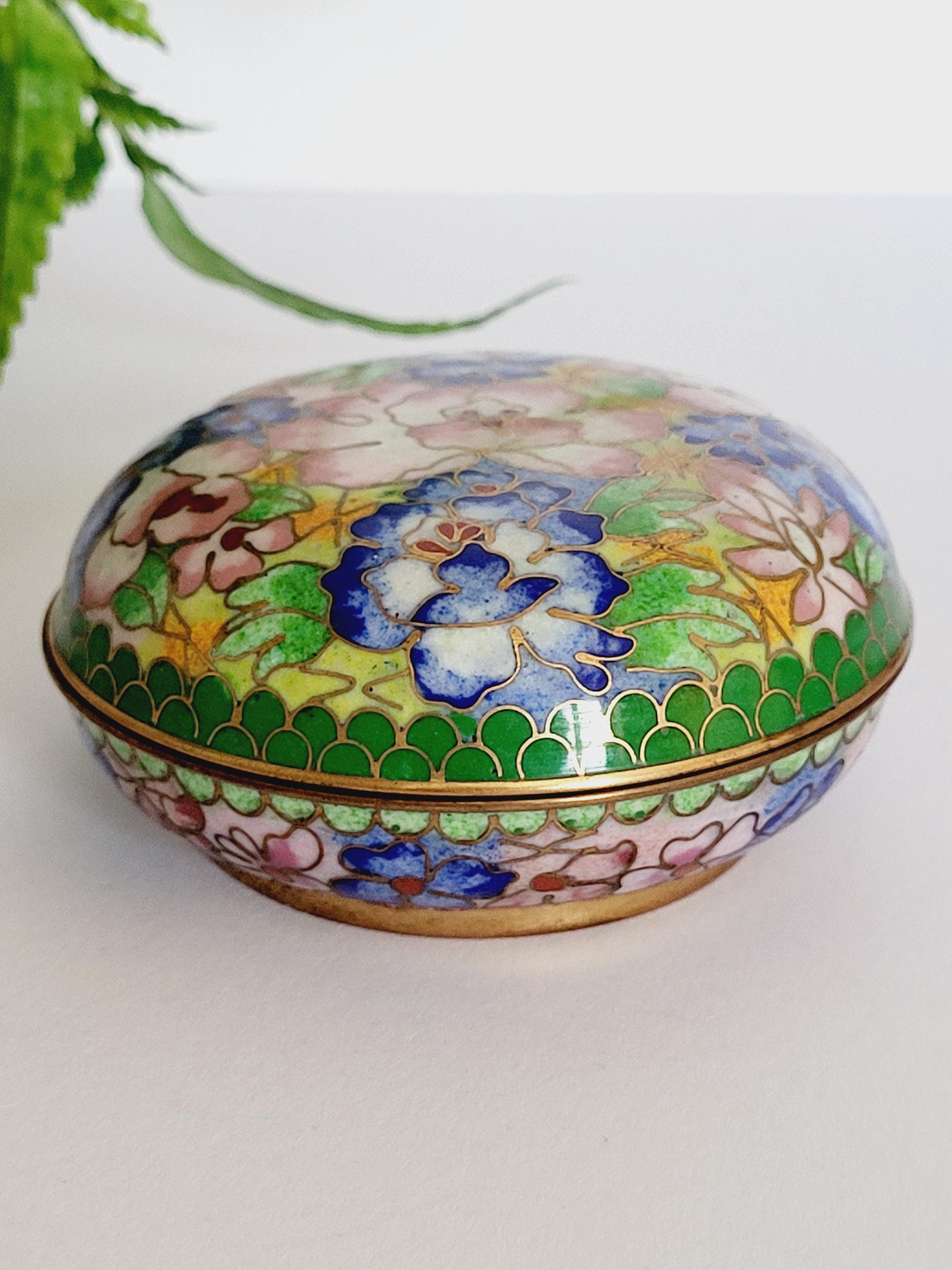 美しい七宝焼きの花模様の小物入れ - 直径 - 8 cm / 高さ - 3.5 cm