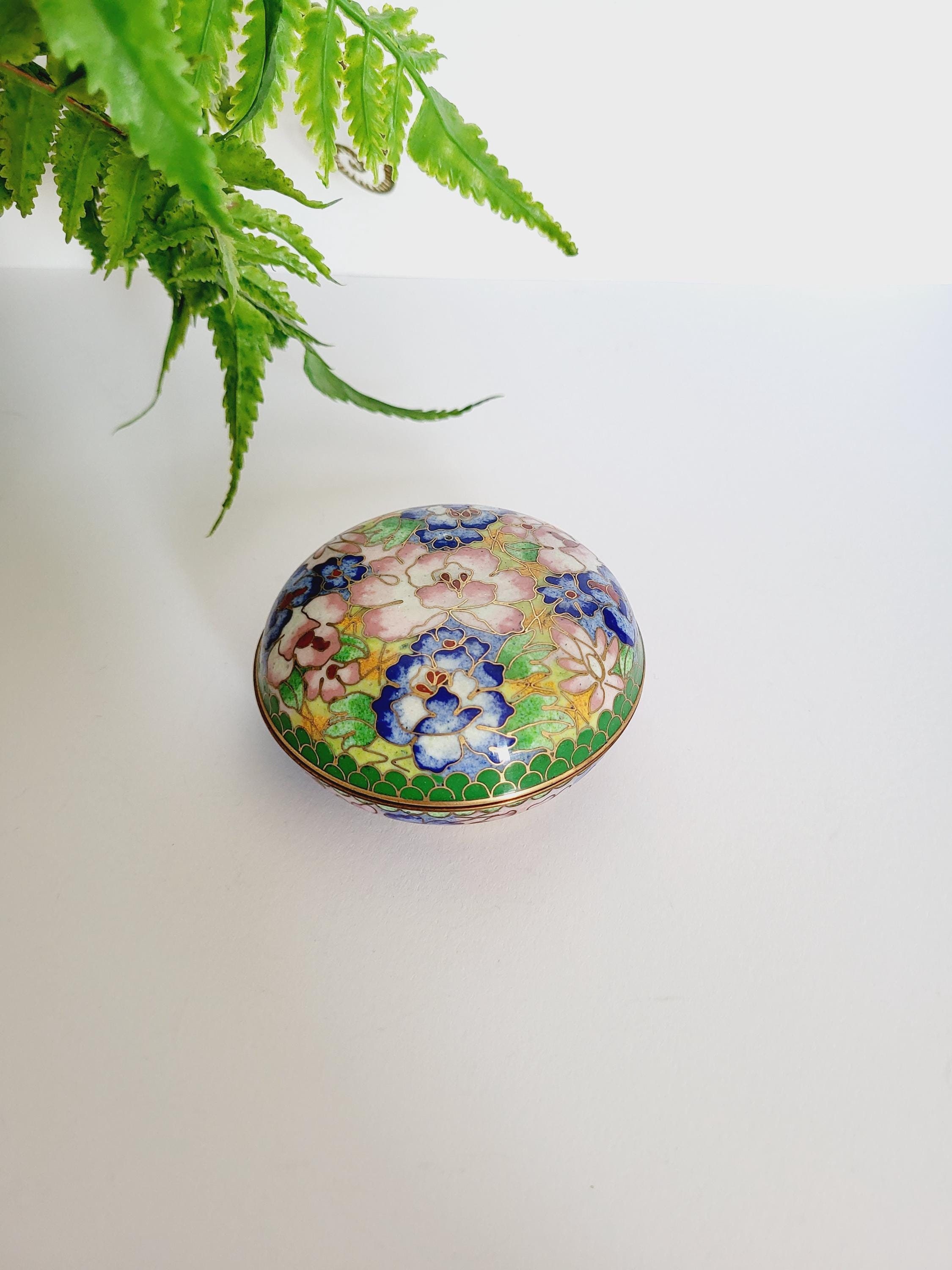 美しい七宝焼きの花模様の小物入れ - 直径 - 8 cm / 高さ - 3.5 cm