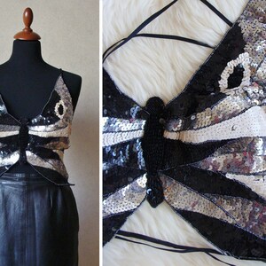 90s Silver Sequined Bra Top, NYE Glam Blouse, Cropped Butterfly Bustier, Sexy Sequins Street Wear Tank, Club Crop Top, Embroidered Bralette