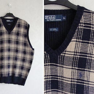 Vintage Ralph Lauren Plaid Sweater Vest, Polo Sleeveless Jumper, Navy Beige Linen Cotton Knit Vest, Preppy Retro Boyfriend Vest Men’s L/ XL