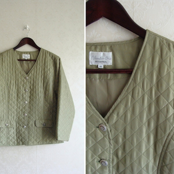 Sage Green Quilted Liner Jacket, Cropped Silk Jacket, Minimal Silk Button Up Jacket with Pockets, Women’s M