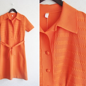 60er 70er Orange Mod Kleid, Vintage Retro Shirt Kleid, Button Up Midi Shirt Ärmelkleid, Twiggy Shift Kleid Medium