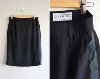 Black Tuxedo Skirt, Vintage GIVENCHY Skirt with Satin Stripe, Modern Minimal High Waist Knee Length Skirt Women's Waist 30" Size 10