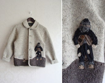 Boy's Boiled Wool Jacket, Austrian Thick Wool Coat GIESSWEIN Embroidered Wool Cardigan Sweater Folk Tyrolean Dirndl Vintage Scenic Cardigan