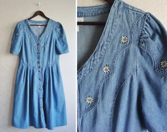 90s Button Front Denim Dress, Short Sleeve Jean Dress, Vintage Austrian Trachten Dirndl Market Dress with Pockets, Midi Denim Summer Dress