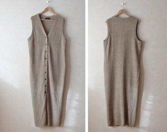Long Lambswool Vest Dress, Beige Wool Knit Dress, Modern Button Up Dress, 90s Minimal Sleeveless Jumper Dress