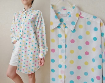 Pastel Rainbow Cotton Shirt Dress, Y2K Polka Dot Cotton Tunic Top, Modern Button Up Cotton Dress UK 16