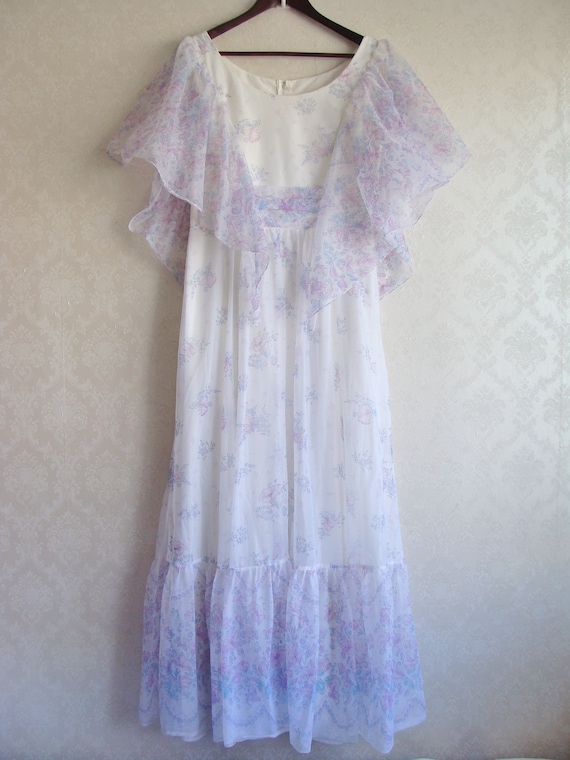 80s Long White Prairie Dress Lavender Flower Maxi… - image 2
