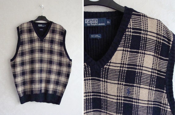 Vintage Ralph Lauren Plaid Sweater Vest Polo Sleeveless Jumper Navy Beige Linen Cotton Knit Vest Preppy Retro Boyfriend Vest Mens L XL Etsy UK
