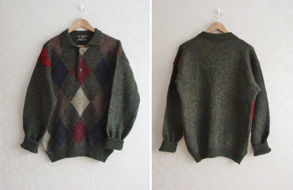 Green Wool Henley Sweater, Argyle Wool Collared Bu