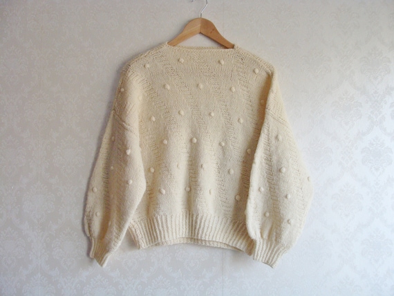 Natural Wool Knit Sweater, Popcorn Bobble Textured