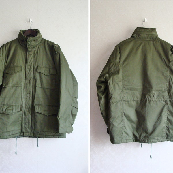 Vintage Green Army Jacket Men’s Size L, Military Parka Coat, Camouflage Combat Coat, Field Jacket with Patch Pockets