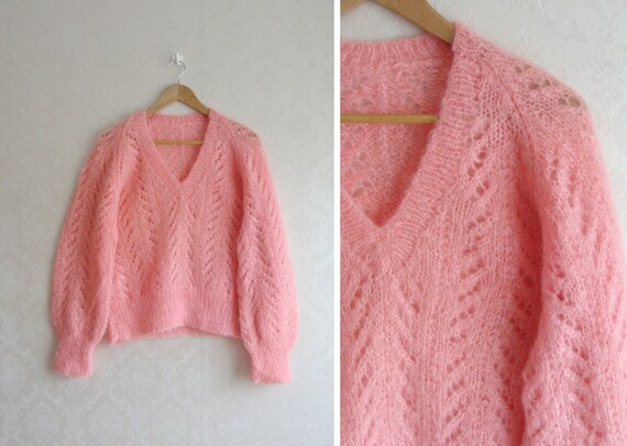 Pink Mohair Knit Sweater, 90s Crochet Sweater Top,