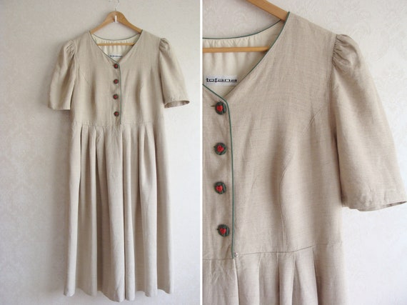 Vintage Linen Beige Dirndl Dress, Traditional Ger… - image 1