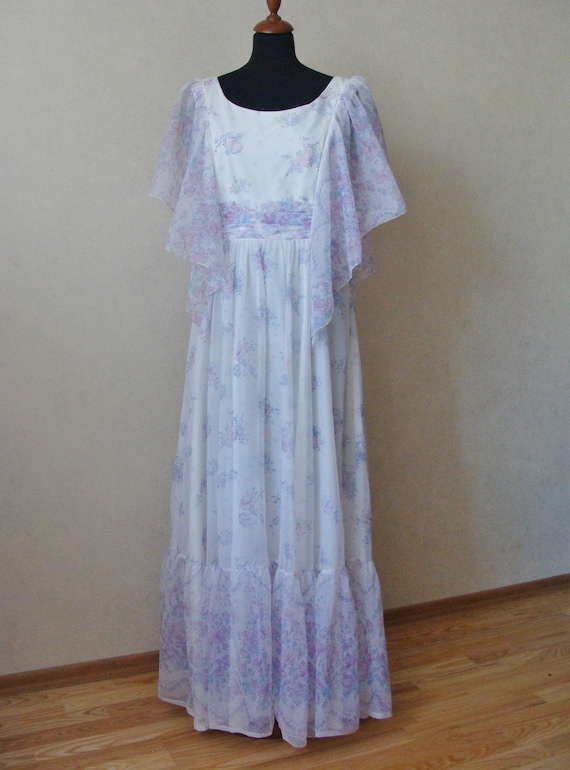 80s Long White Prairie Dress Lavender Flower Maxi… - image 3