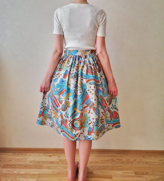 80s Tropical Print Skirt, High Waist Midi Skirt, … - image 10