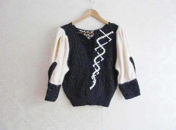 90s Angora Puff Sleeve Sweater Top, Black & White… - image 2
