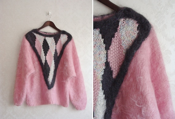 Vintage Handwoven Chunky Knit Sweater, Pink Mohai… - image 1