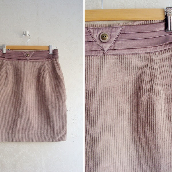 90s Corduroy Mini Skirt, Vintage Pastel Purple Mini Skirt Woman's Size 26 inches High Pleated Waist Cotton Rib Cord Mini Skirt Made in Italy