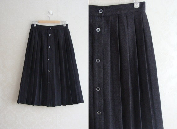80s Dark Grey Wool Skirt with Pleats, Long Wool Wi