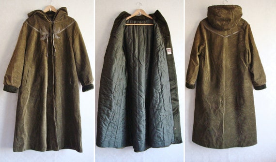 80s Long Green Corduroy Coat, Hooded Duster Coat … - image 1