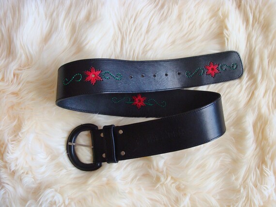 90s Embroidered Leather Belt, Vintage Black Wide Leather  display picture 1