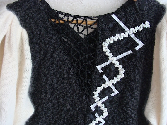 90s Angora Puff Sleeve Sweater Top, Black & White… - image 3