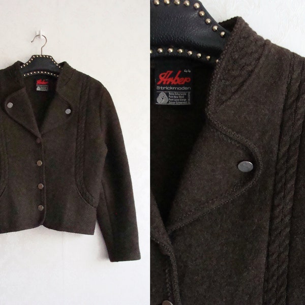 Vintage Austrian Boiled Wool Jacket, Brown Trachten Wool Knit Cardigan with Cable Knit, ARBER Folk Tyrolean Sweater Blazer Dirndl Jacket M