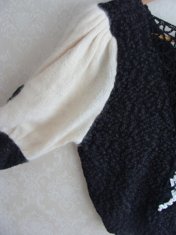 90s Angora Puff Sleeve Sweater Top, Black & White… - image 8